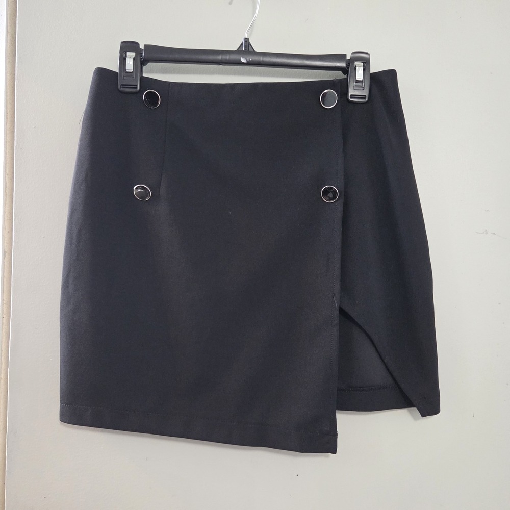 Shein Black Faux Wrap Mini Skirt 6 Stretch Asymmetrical Club Goth Y2K‎ Coquette